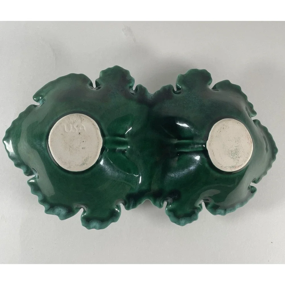 Vintage USA Pottery Leaf and Rose Divided Dish Mid Century‎ Trinket Bowl